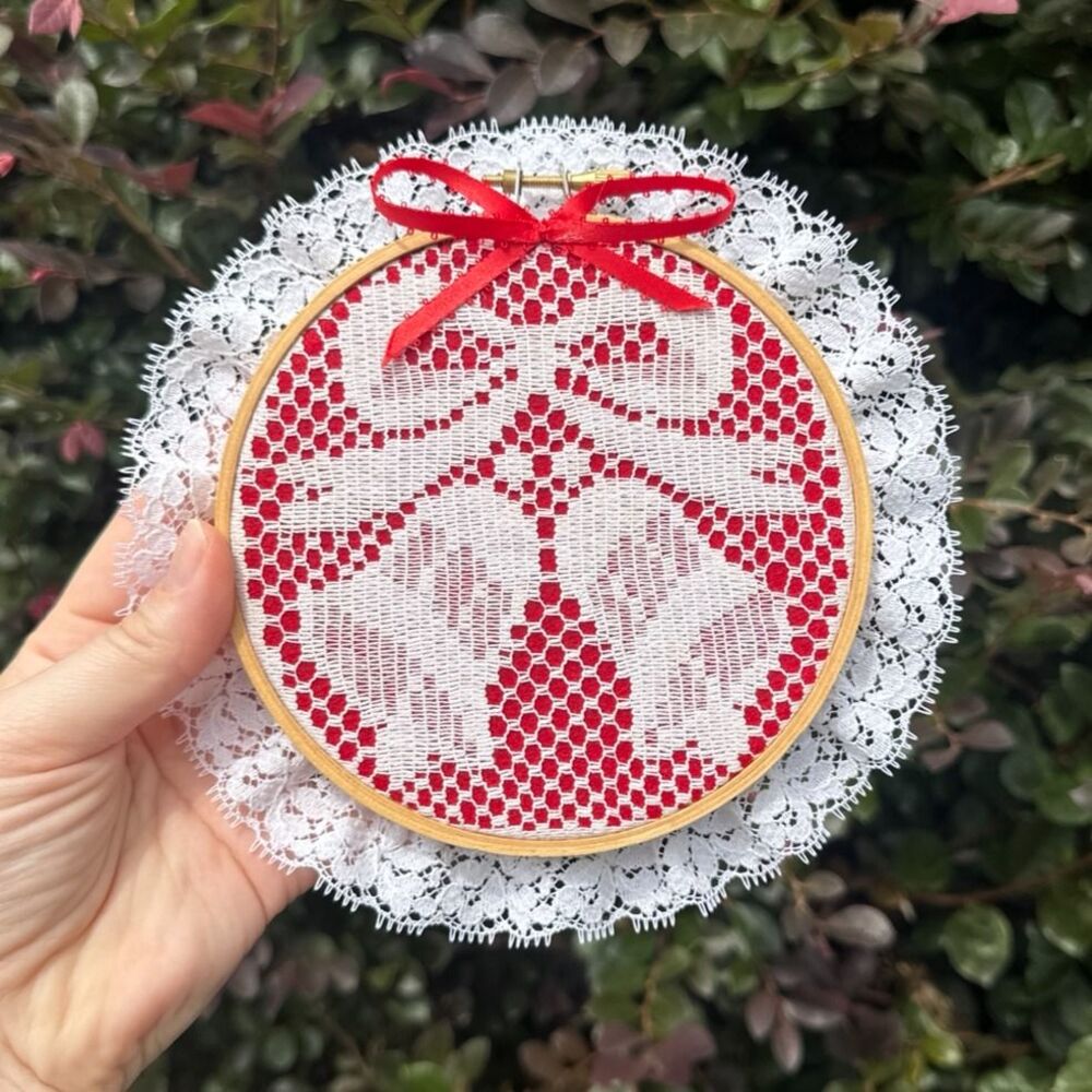 Handmade Red Lace Embroidery Hoop Art Cottagecore White Trim Holiday Xmas Gift